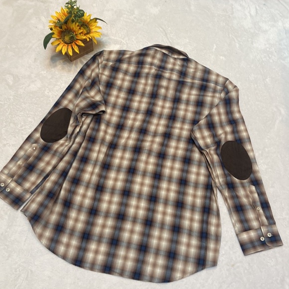 SINGER + SARGENT NWT Plaid Size XL Button Down Shirt Brown Suede Elbow Patches - Picture 7 of 11